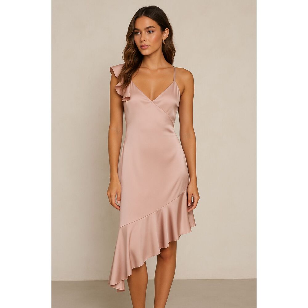 Blush Beige Satin Asymmetrical Liquid Satin Cocktail Evening Dress NWT Size M